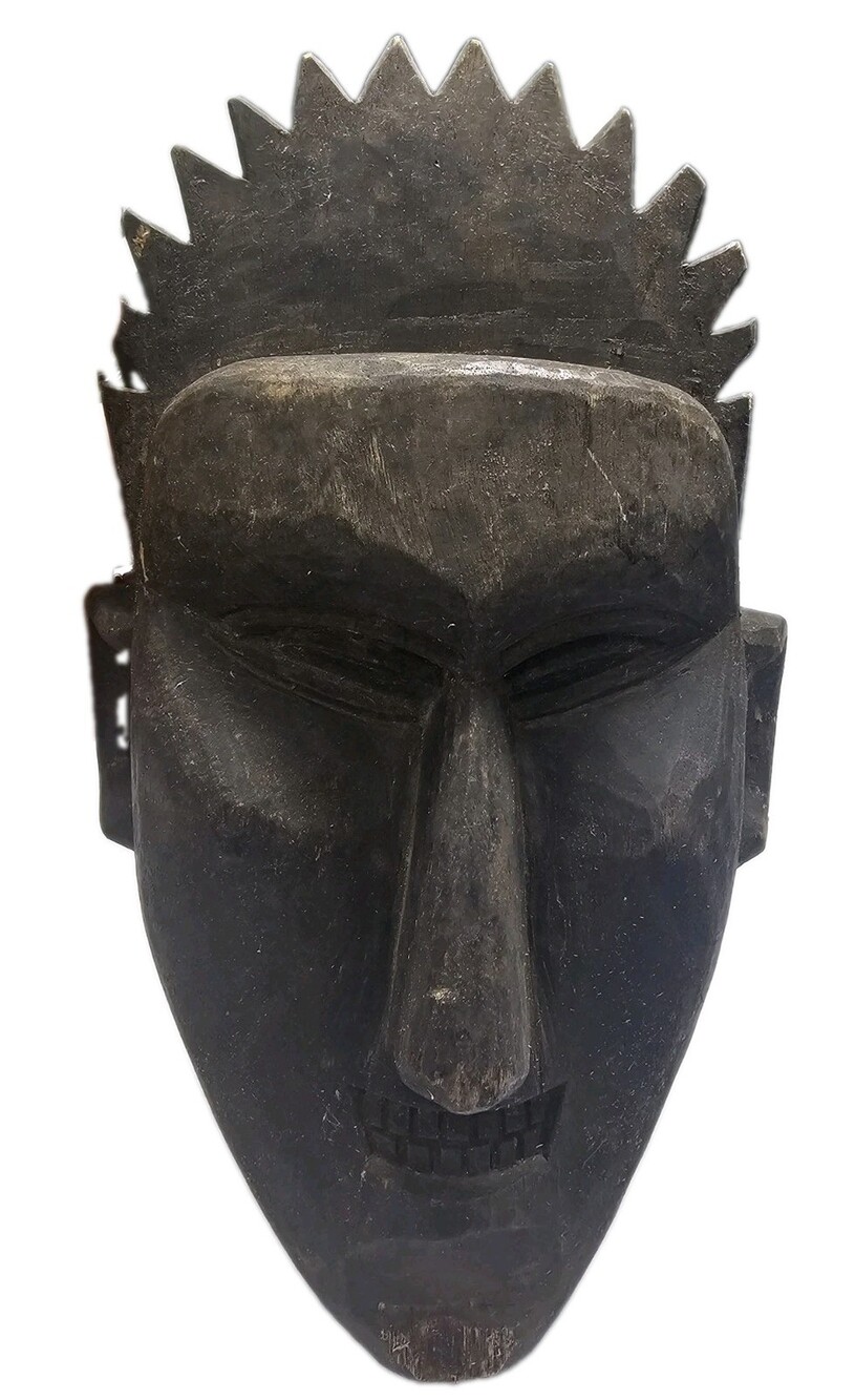 Vintage African Hand Carved Wooden Mask Crown Headdress Teeth Dark Wood Wall Art
